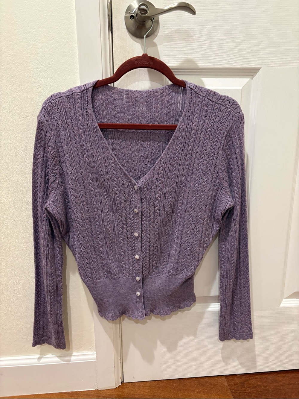 Lilac V-Neck Button-Front Cable Knit Sweater